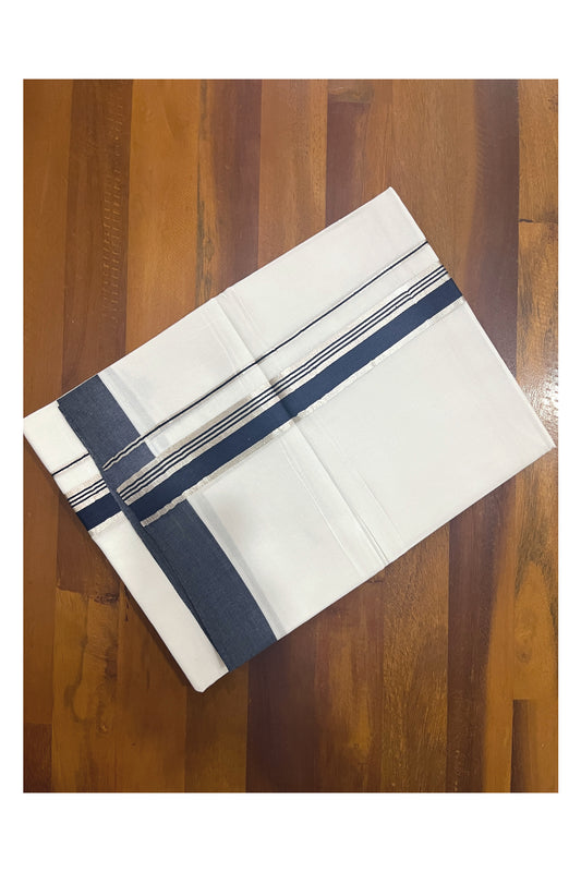 Pure White Cotton Double Mundu with Navy Blue and Silver Kasavu Border (South Indian Kerala Dhoti)