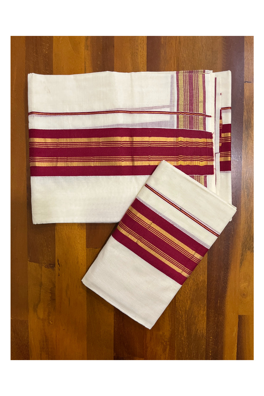 Southloom Kerala Cotton Set Mundu (Mundum Neriyathum) with Maroon and Kasavu Border 2.80 Mtrs SLKK