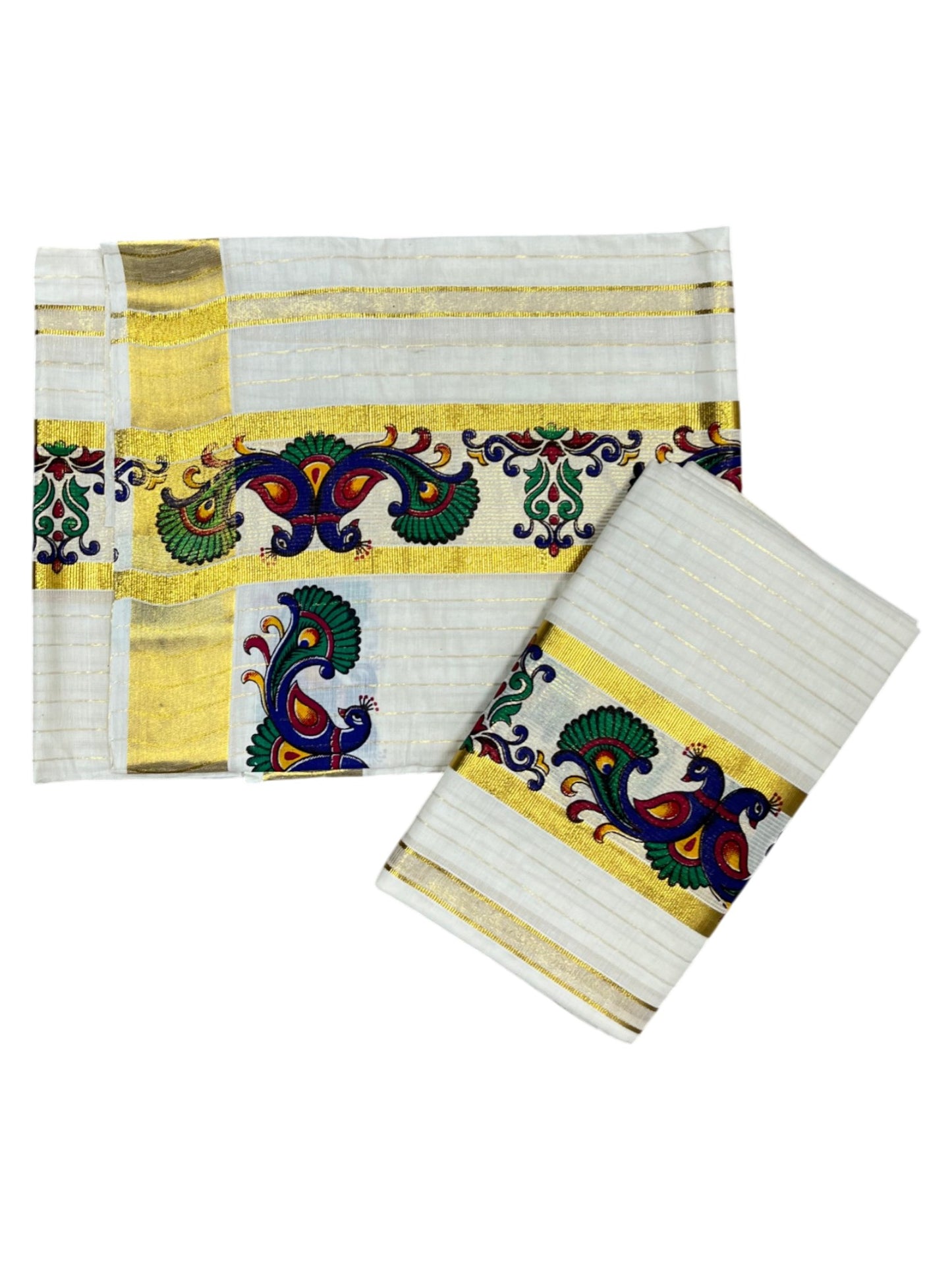 Southloom Cotton Lines Single Set Mundu (Mundu Neriyathum) With Blue Peacock Print And Gold Border Kasavu in 2.80 Mtrs