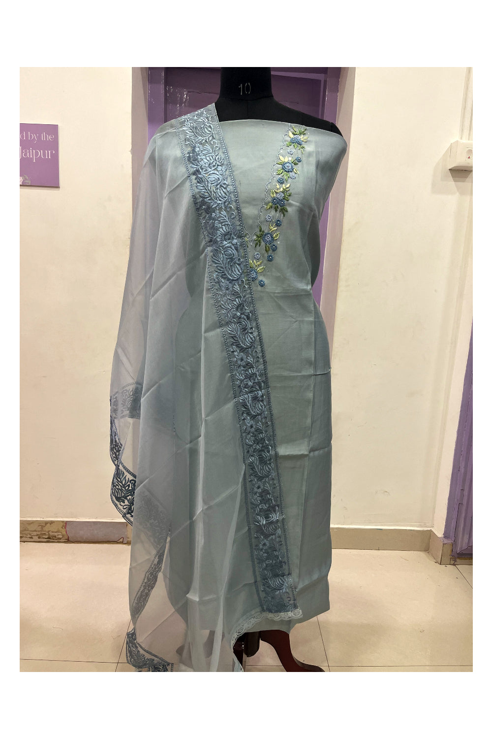 Southloom™ Semi Silk Churidar Salwar Suit Material in Grey with Floral Embroidered Designs