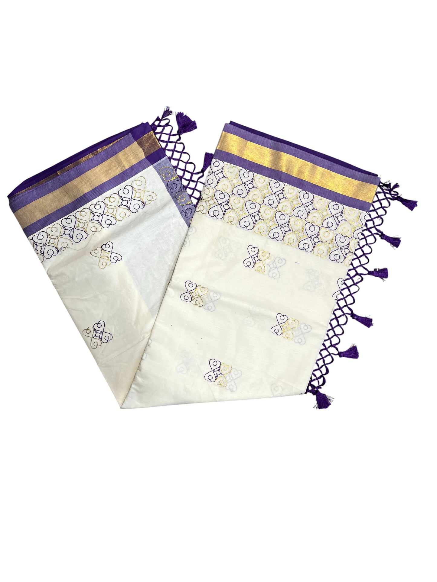 Southloom Kerala Cotton Saree with Violet and Golden Embroidery Works