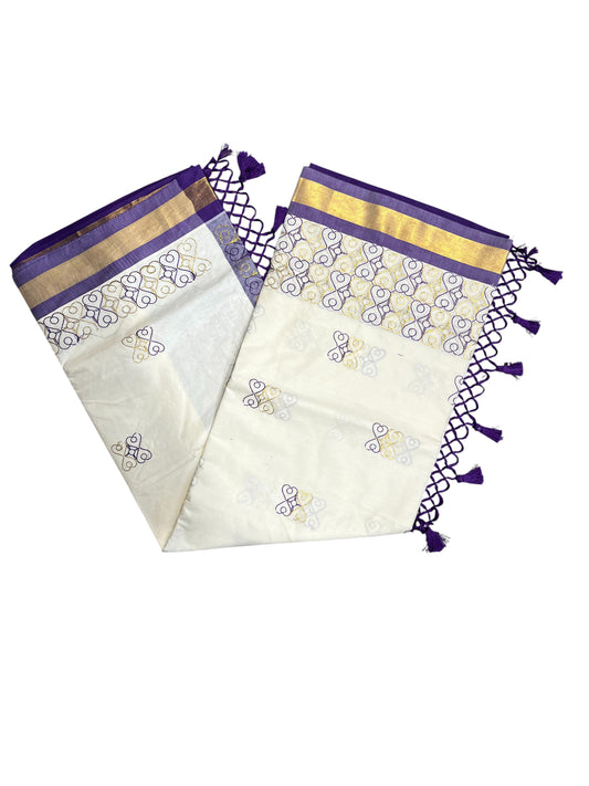 Southloom Kerala Cotton Saree with Violet and Golden Embroidery Works