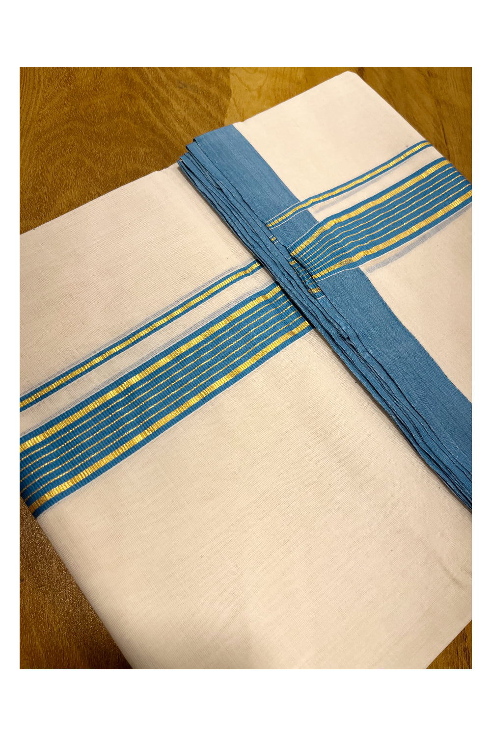 Premium Balaramapuram Handloom Unakkupaavu 1 inch Double Mundu with Kasavu and Blue Kara