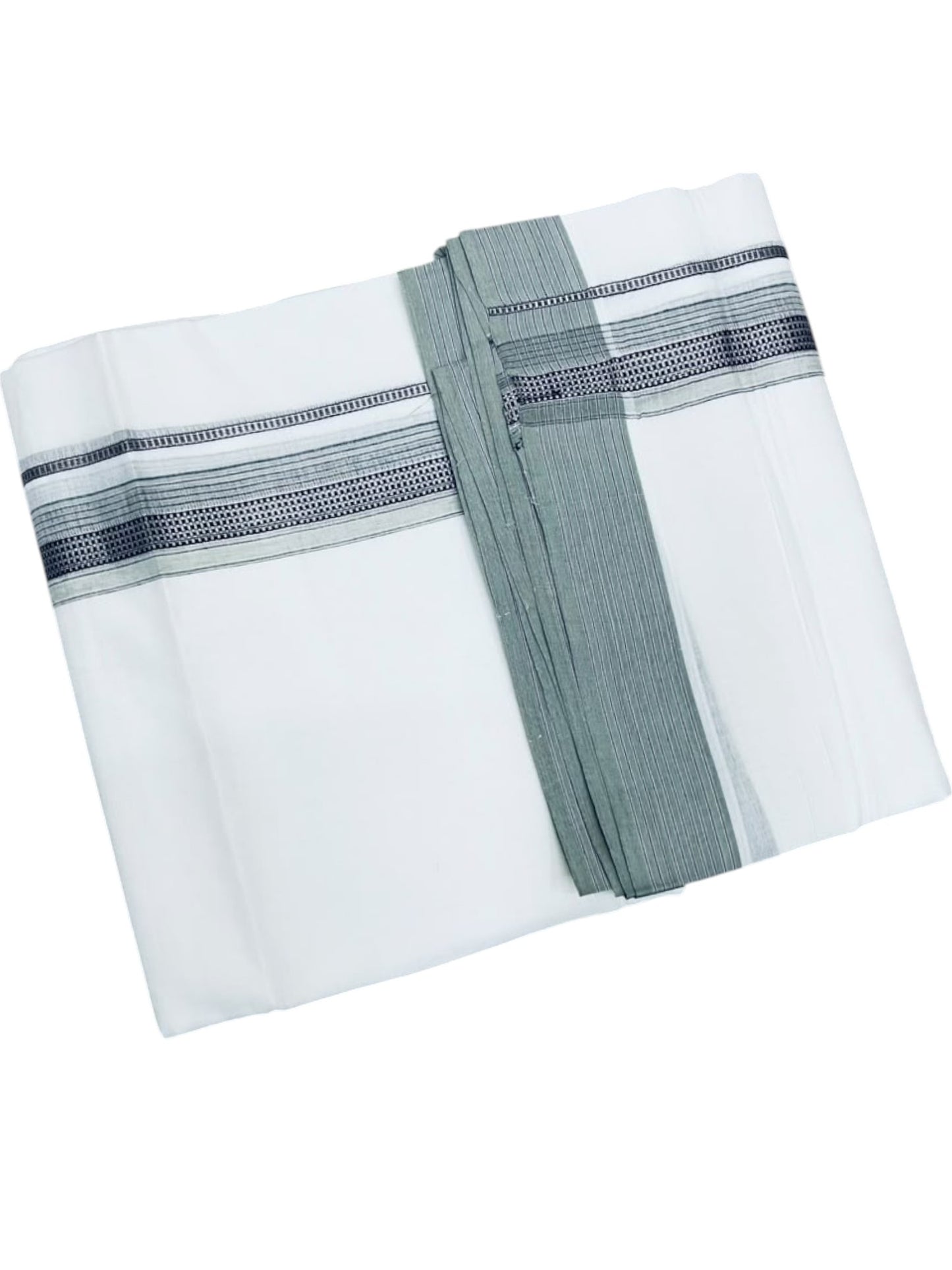 Southloom White Cotton Mundu with Light Green & Silver Line Border (South Indian Kerala Dhoti)