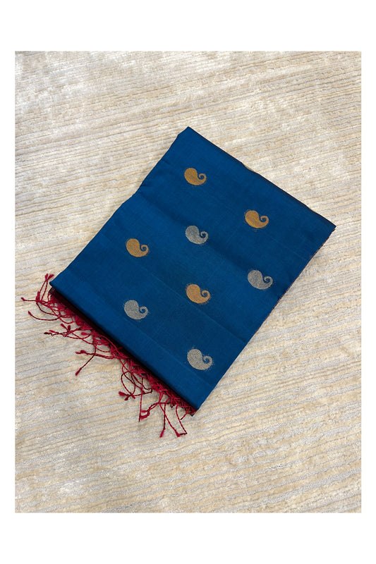 Southloom Pure Handloom Cotton Silk Saree With Handwoven Work Across Body and Blouse in Blue  And Maroon