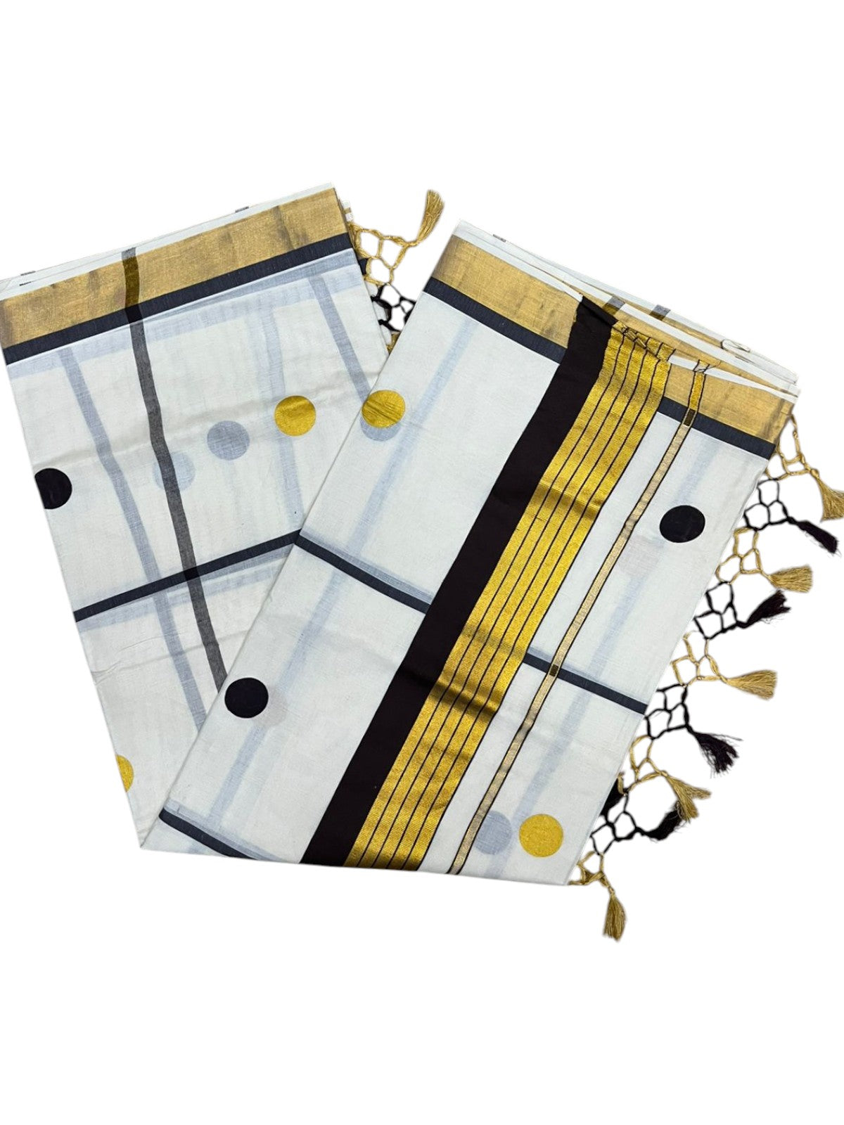 Southloom Kerala Cotton Kasavu Saree with Brown & Gold Polka Works on Body