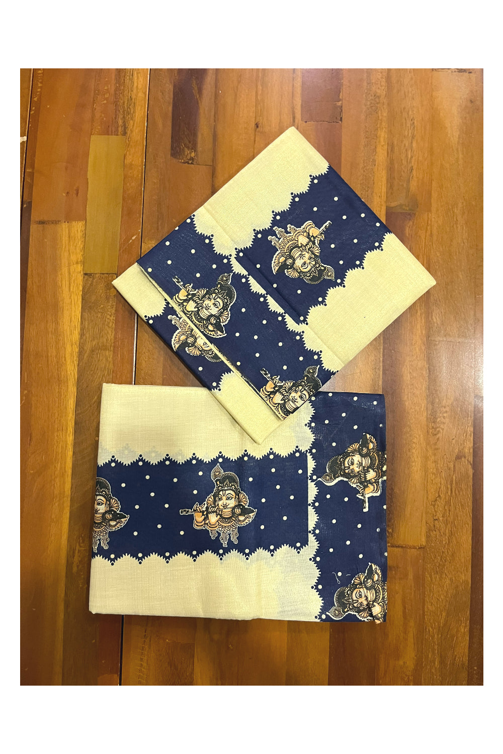 Kerala Tissue Kasavu Set Mundu (Mundum Neriyathum) with Krishna Mural Prints on Blue Border (Onam Set Mundu 2023)