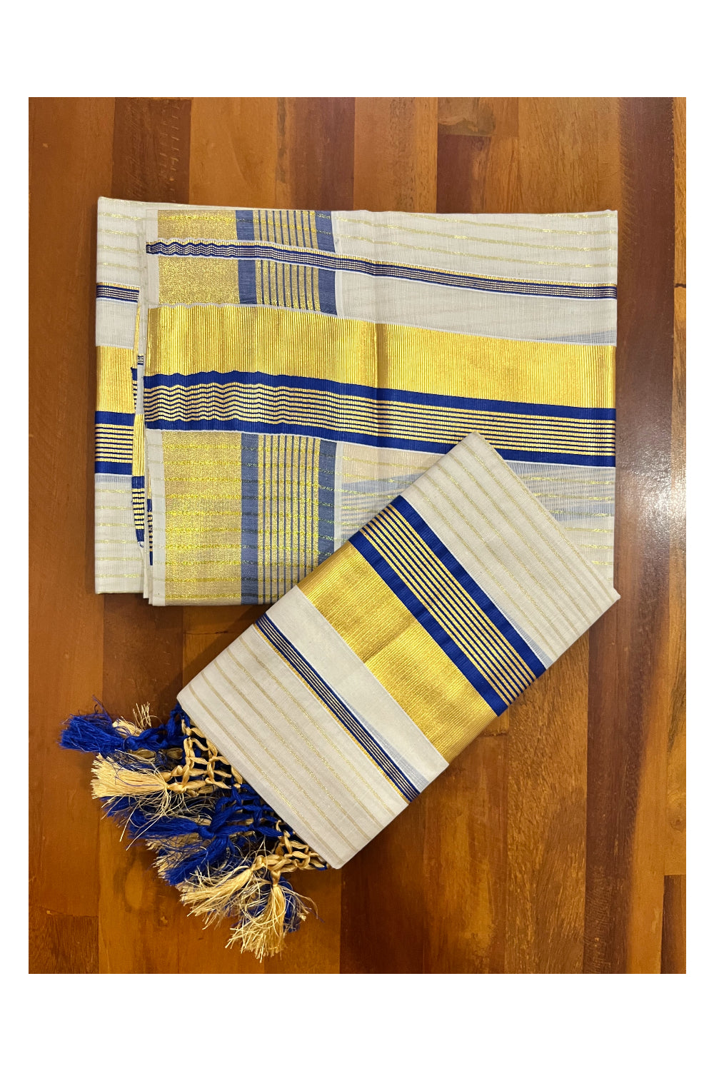 Pure Cotton Kerala Set Mundu with Kasavu Lines on Body Blue Border and Tassels Designs 2.80 Mtrs