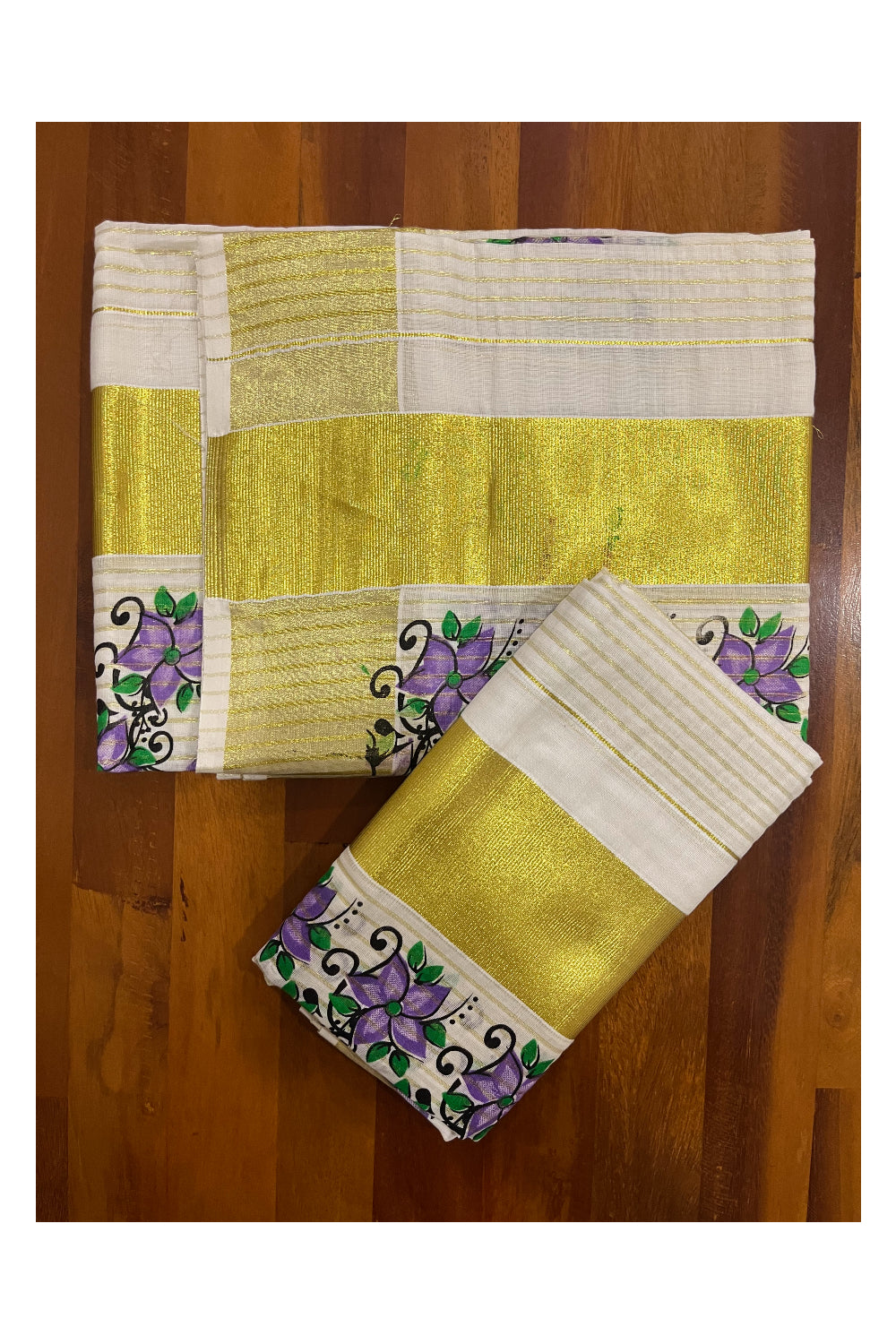 Kerala Cotton Set Mundu (Mundum Neriyathum) with Kasavu Lines Design on Body and Violet Block Printed Border 2.80 Mtrs (Onam Set Mundu 2023)