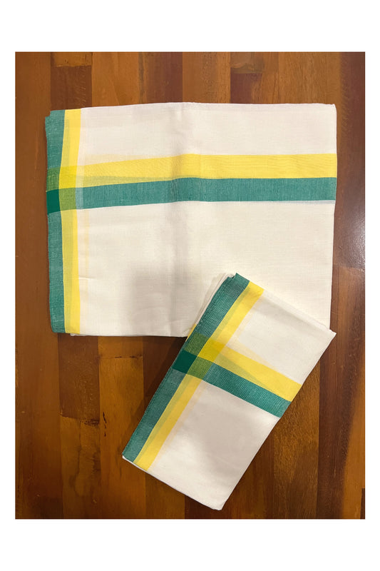 Kerala Cotton Mulloth Single Set Mundu (Mundum Neriyathum) with Green Yellow Border (Extra Soft Cotton)