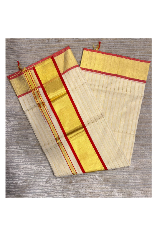 Southloom Premium Handloom Tissue Kasavu Lines Design Kerala Saree with Red Border