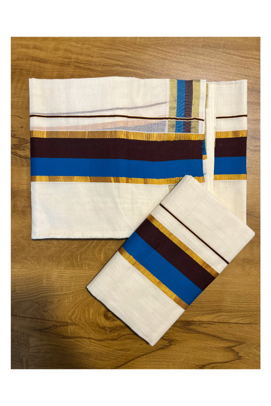 Kerala Cotton Kasavu Set Mundu (Mundum Neriyathum) with Blue and Brown Border 2.80 Mtrs