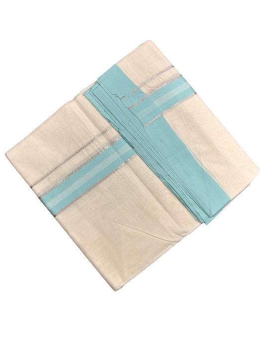 Southloom Kerala Pure Cotton Double Mundu with Silver Lines & Blue Border (South Indian Dhoti)
