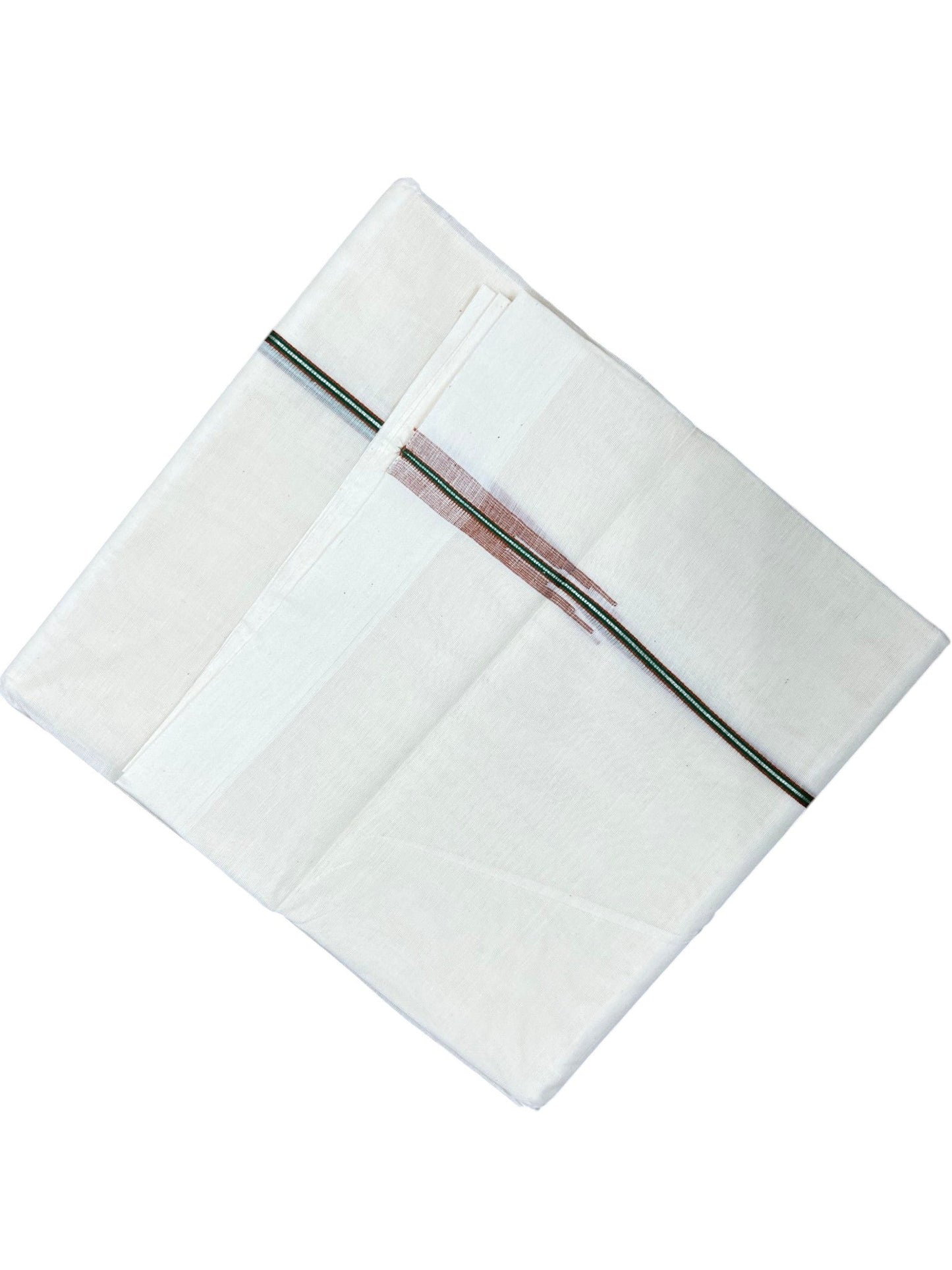 Kerala Pure Cotton Double Mundu with Brown & Green And Silver Chutti Kara (South Indian Kerala Dhoti)