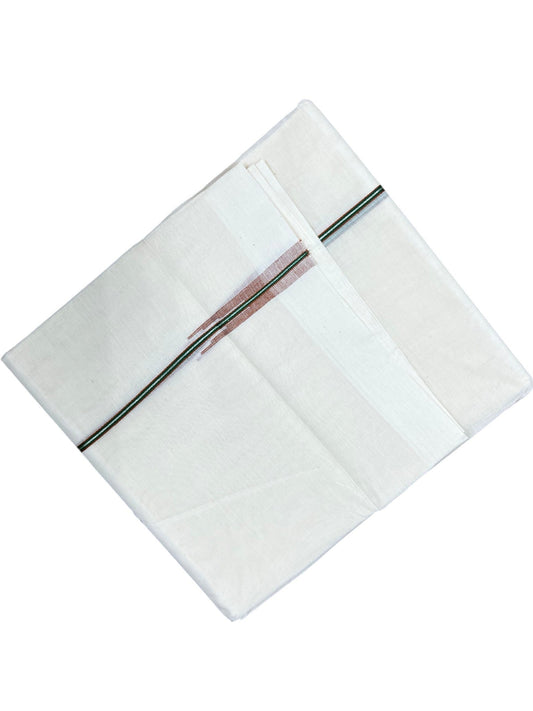 Kerala Pure Cotton Double Mundu with Brown & Green And Silver Chutti Kara (South Indian Kerala Dhoti)