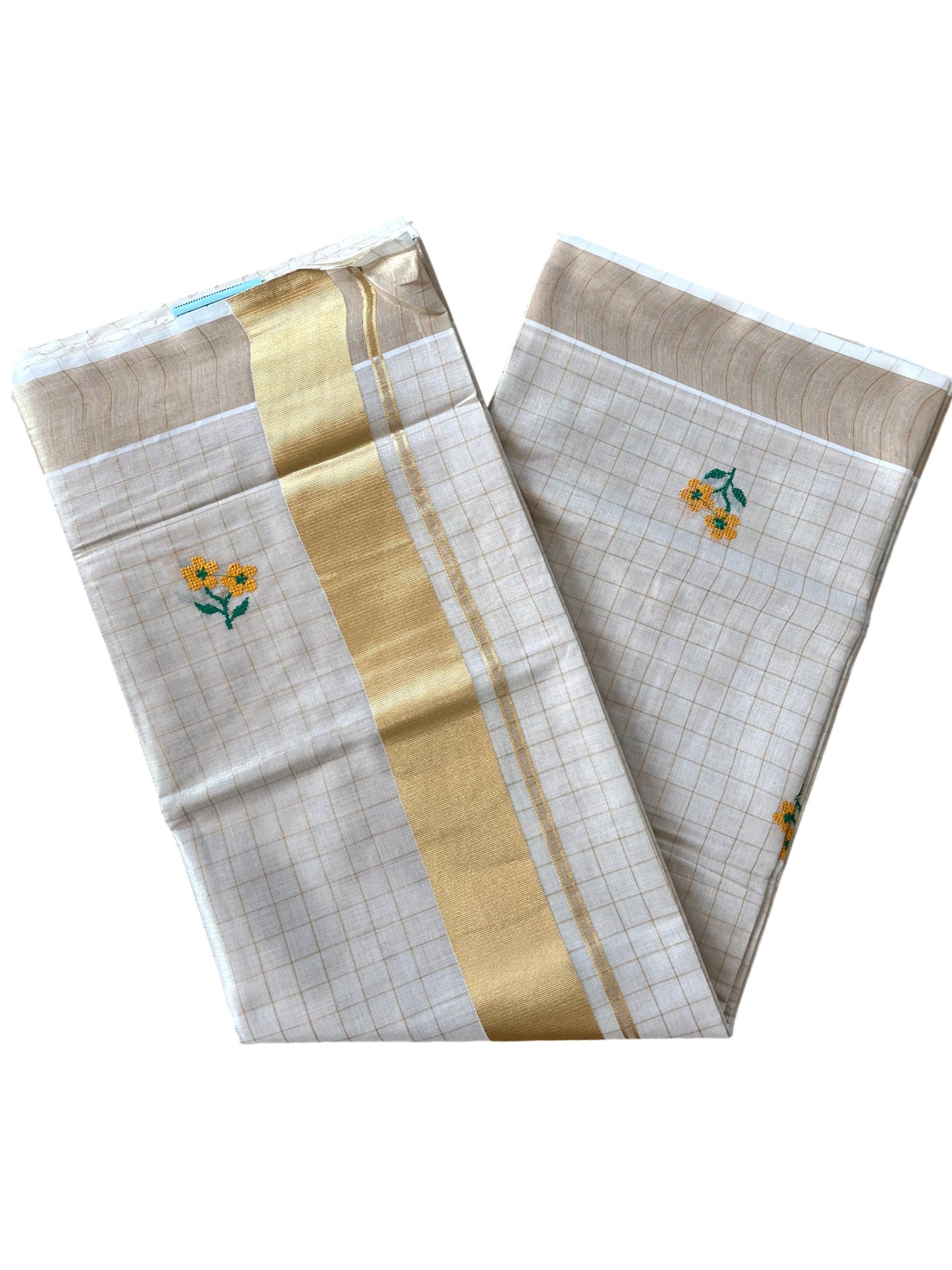 Southloom Kerala Tissue Kasavu Check Saree With Floral Embroidery Work