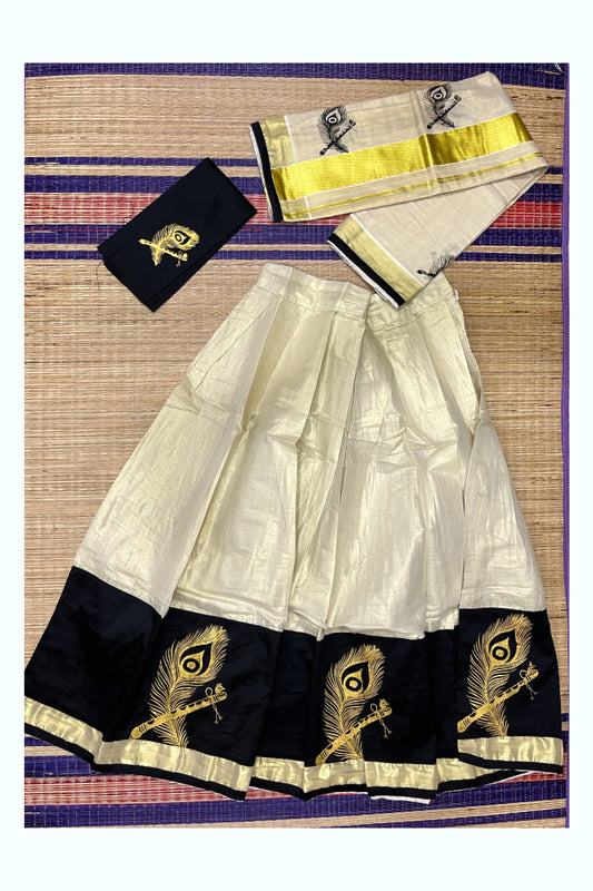Southloom Semi Stitched Dhavani Set with Tissue Feather Printed Pavada and Black Blouse Piece