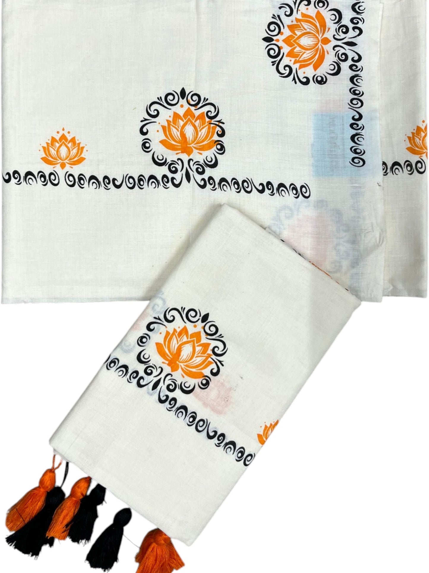 Southloom Kerala Cotton Single Set Mundu (Mundum Neriyathum) with Orange&Black Lotus Block Printed Design