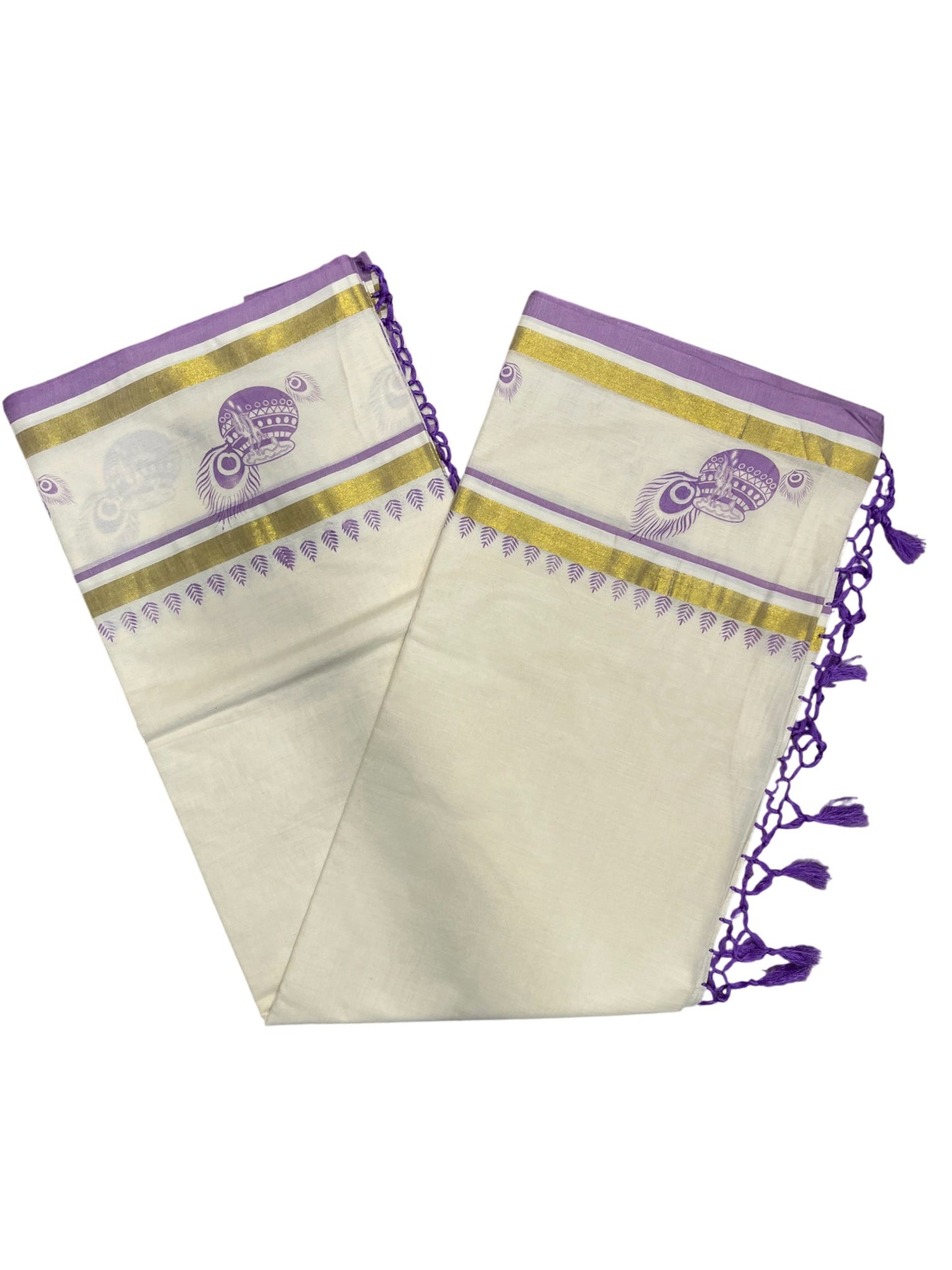 Southloom Cotton Kasavu Saree with Hand Printed Design on Border