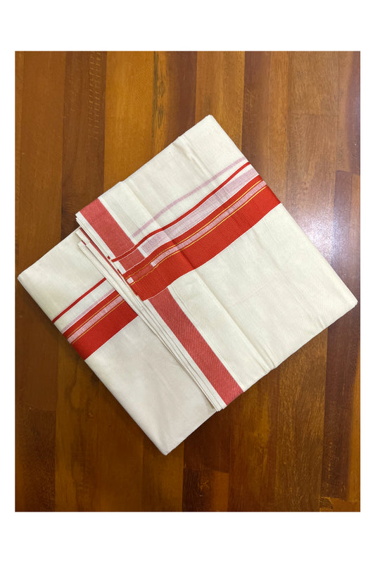 Pure Cotton Kerala Double Mundu with Orange and Kasavu Line Kara (South Indian Kerala Dhoti)