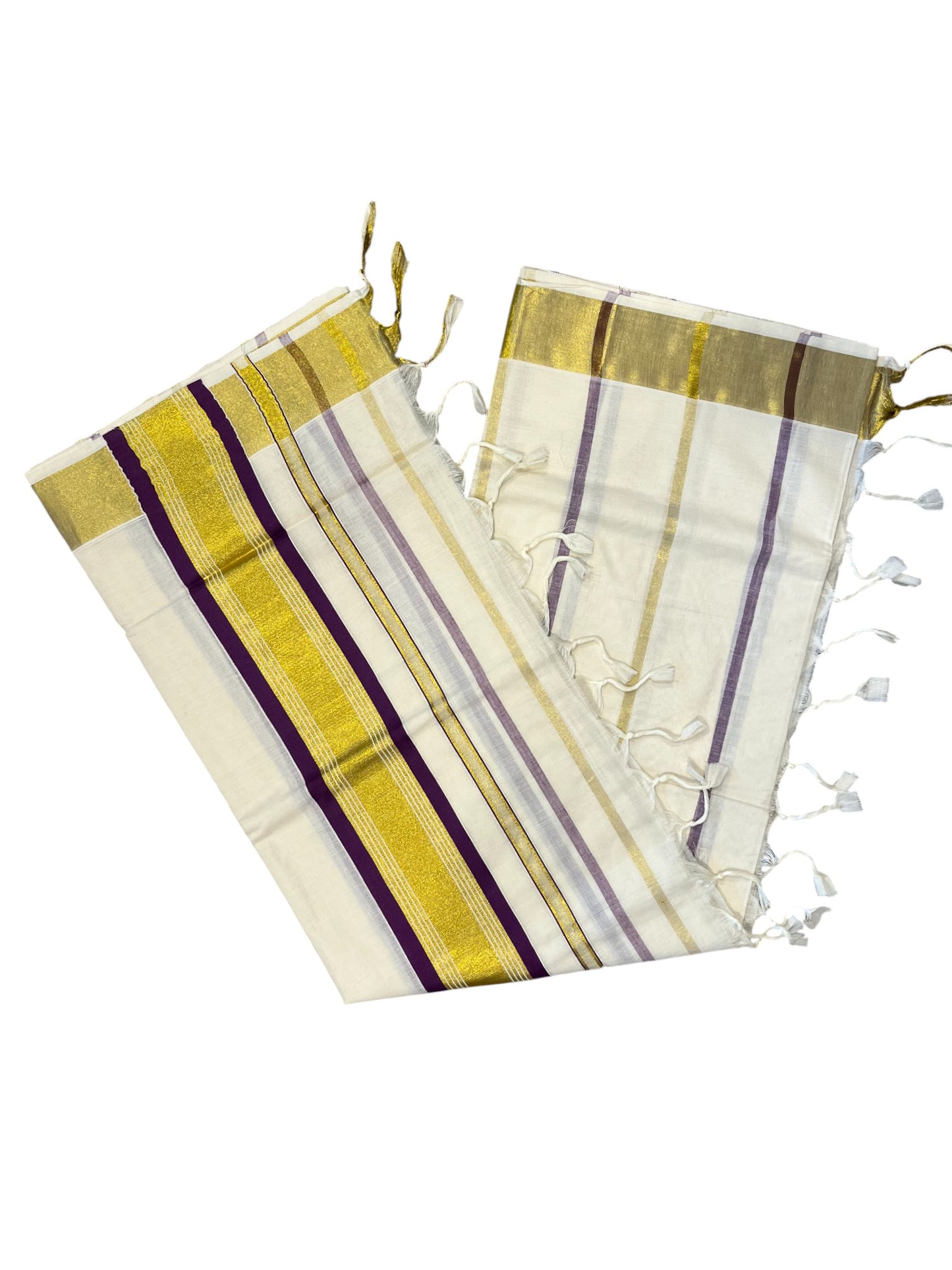 Southloom Kerala Cotton Kasavu Saree with Gold And Purple Lines on Body