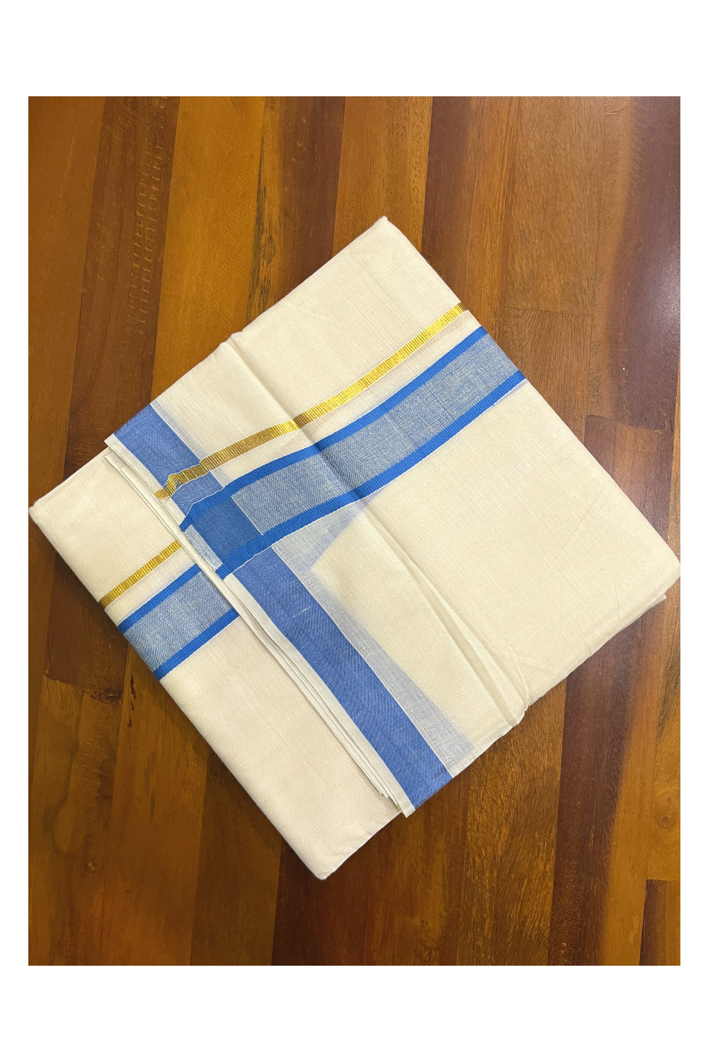 Kerala Pure Cotton Double Mundu with Blue and Kasavu Border (South Indian Kerala Dhoti)