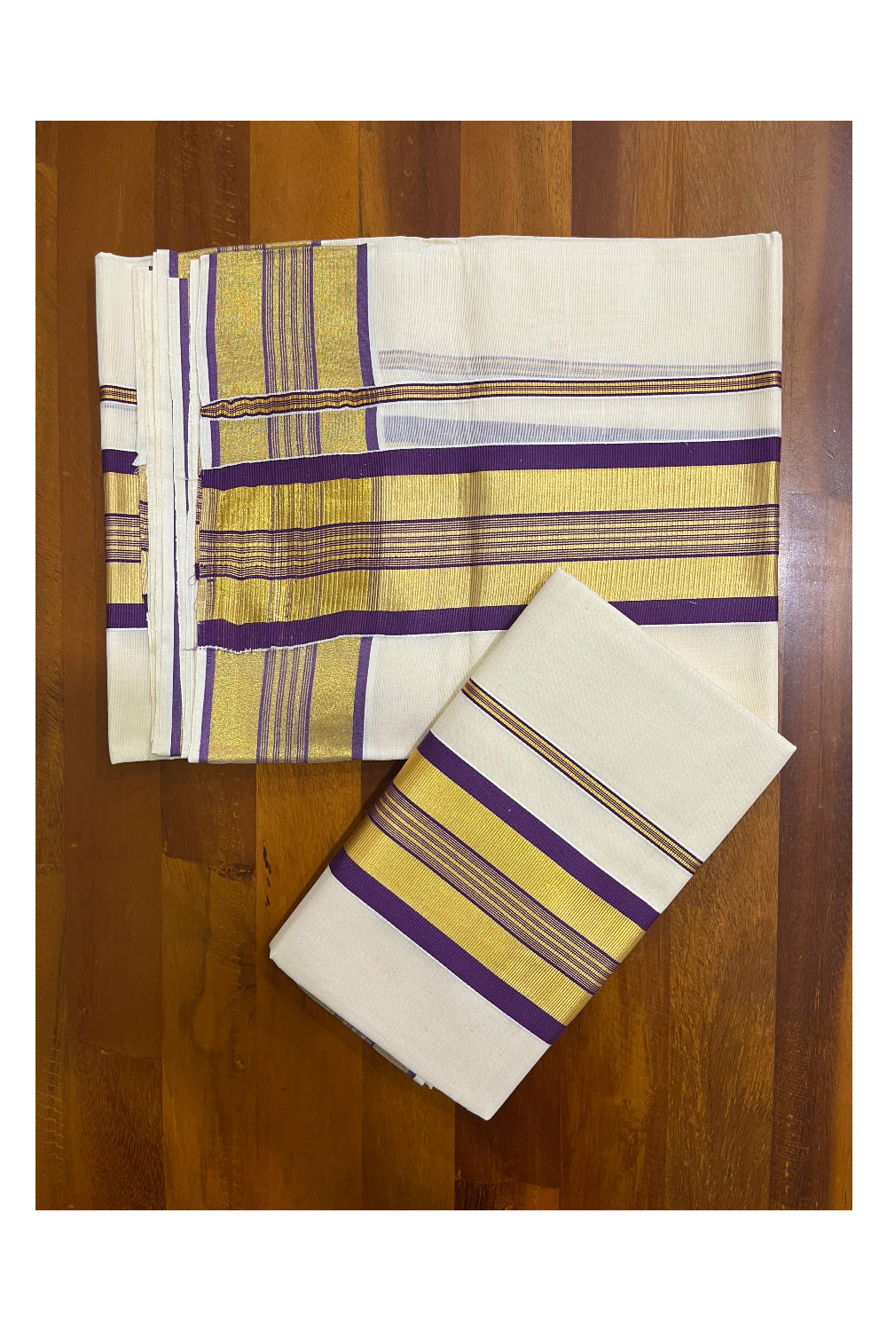 Kerala Cotton Set Mundu (Mundum Neriyathum) with Violet and Kasavu Border 2.80 Mtrs