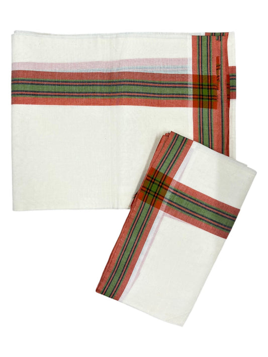 Southloom Pure Cotton Kerala Single Mulloth Set Mundu (Mundum Neriyathum) orange & Green Border in 2.50 mtrs SL243