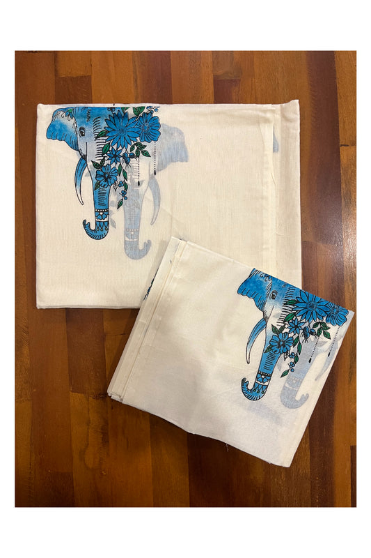 Cotton Kerala Single Set Mundu with Blue Elephant Art Block Prints