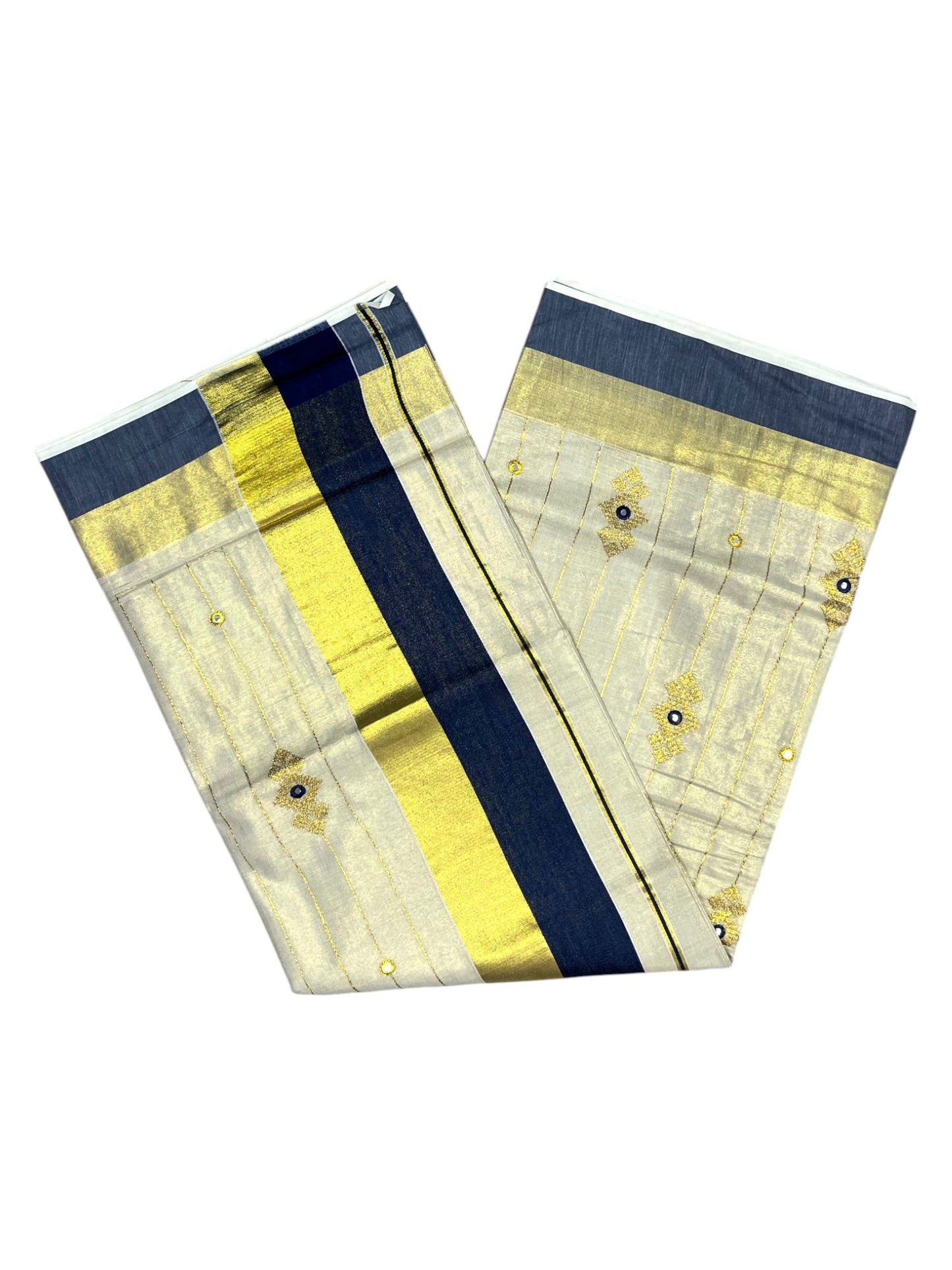 Southloom Kerala Tissue Kasavu Lines Saree with Golden And Blue Embroidery Works