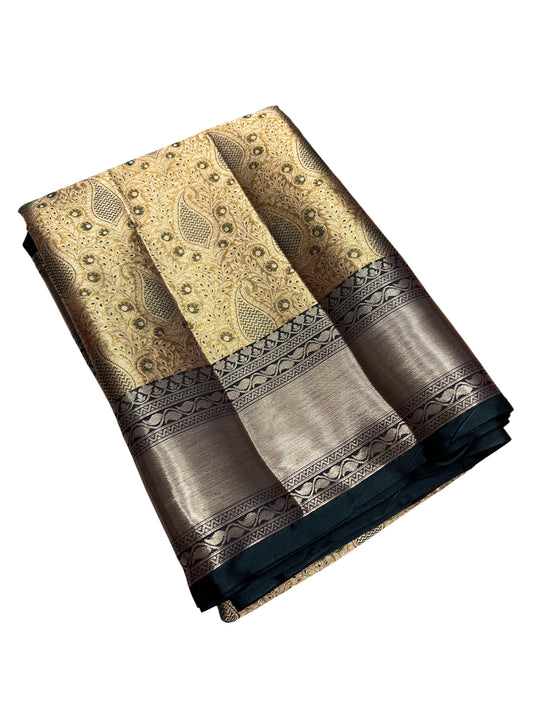Southloom Semi Banarasi Katan Tissue Saree with Woven Work on Body and Borders (Golden & Green)