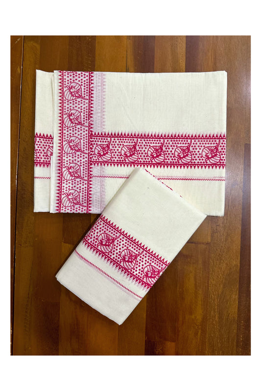 Pure Cotton Kerala Set Mundu with Pink Block Printed Border