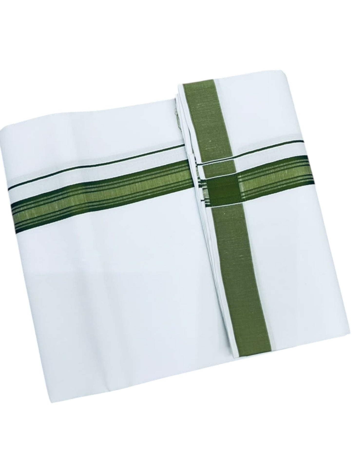 Southloom Pure White Single Cotton Mundu with Olive Green Border (South Indian Kerala Dhoti)