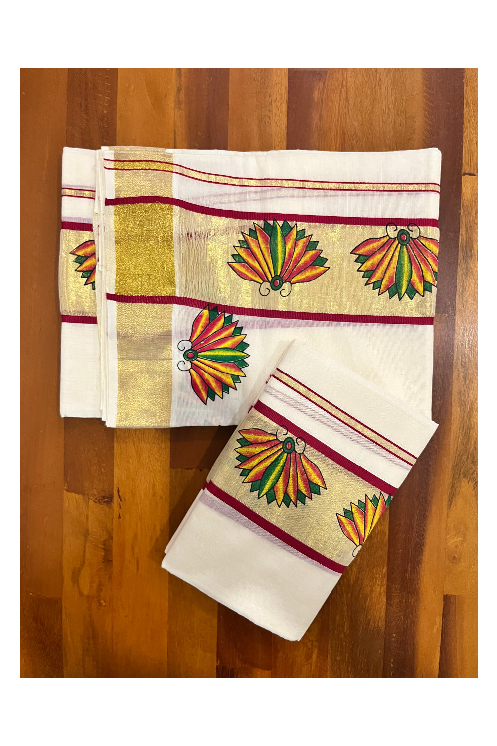 Kerala Cotton Single Set Mundu (Mundum Neriyathum) with Block Prints on Kasavu Maroon Border