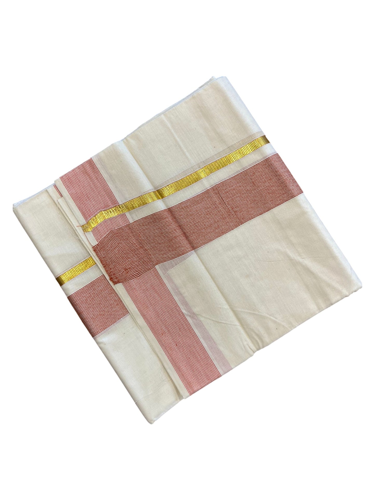 Southloom Kerala Pure Cotton Double Mundu with Gold Lines & Red Border (South Indian Dhoti)