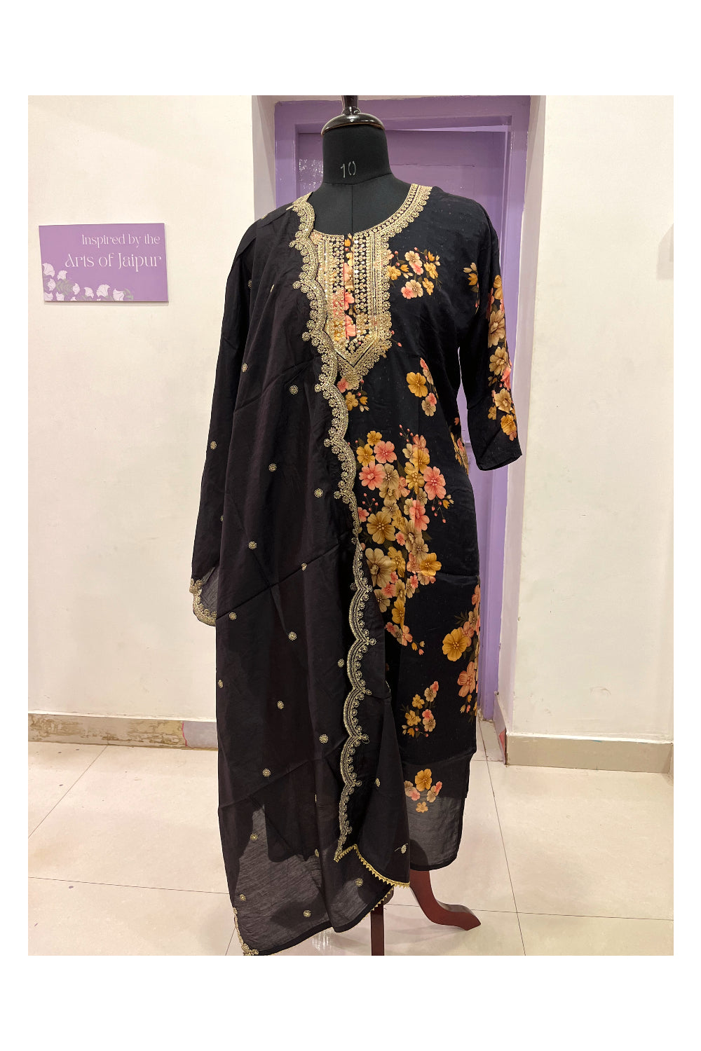 Southloom Stitched Semi Silk Salwar Set in Black and Floral Prints