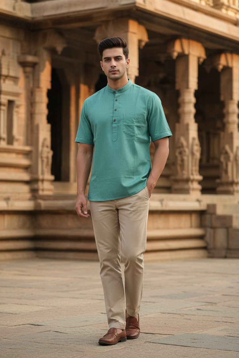 Southloom Blue Short Cotton Kurta Shirt for Men