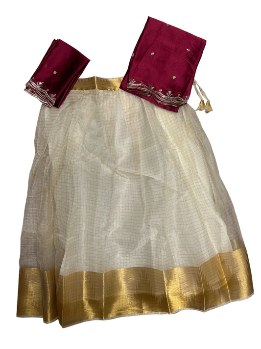 Southloom Semi Stitched Dhavani Set with Pavada and Maroon Blouse Piece