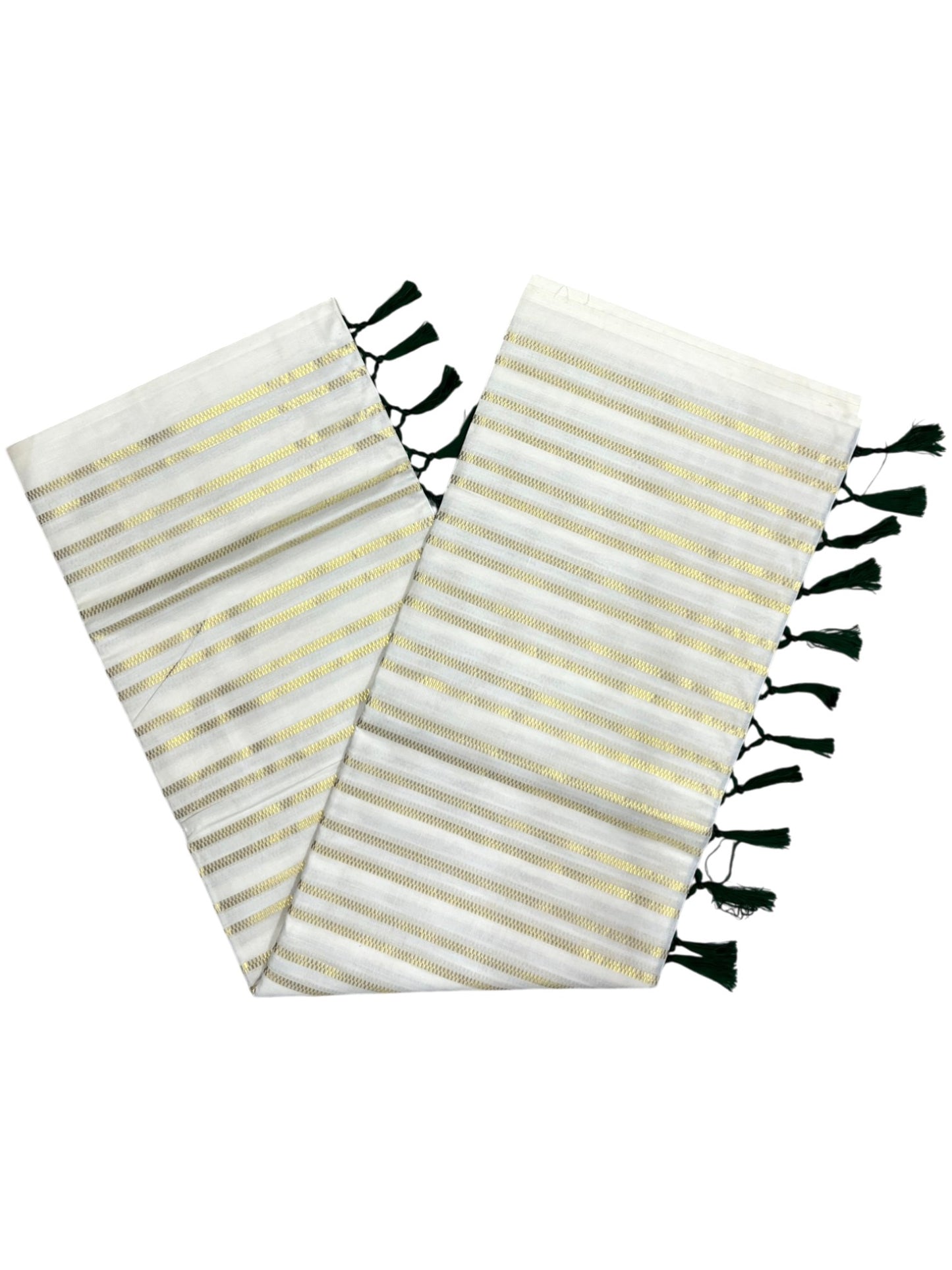 Southloom Cotton Kerala Kasavu Saree with Stripes on Body and Green Tussels