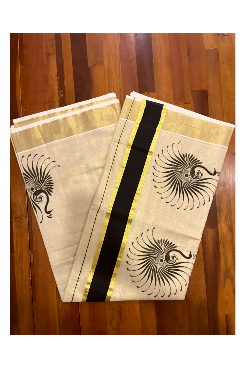 Kerala Tissue Kasavu Saree with Black Block Prints and Kasavu Border