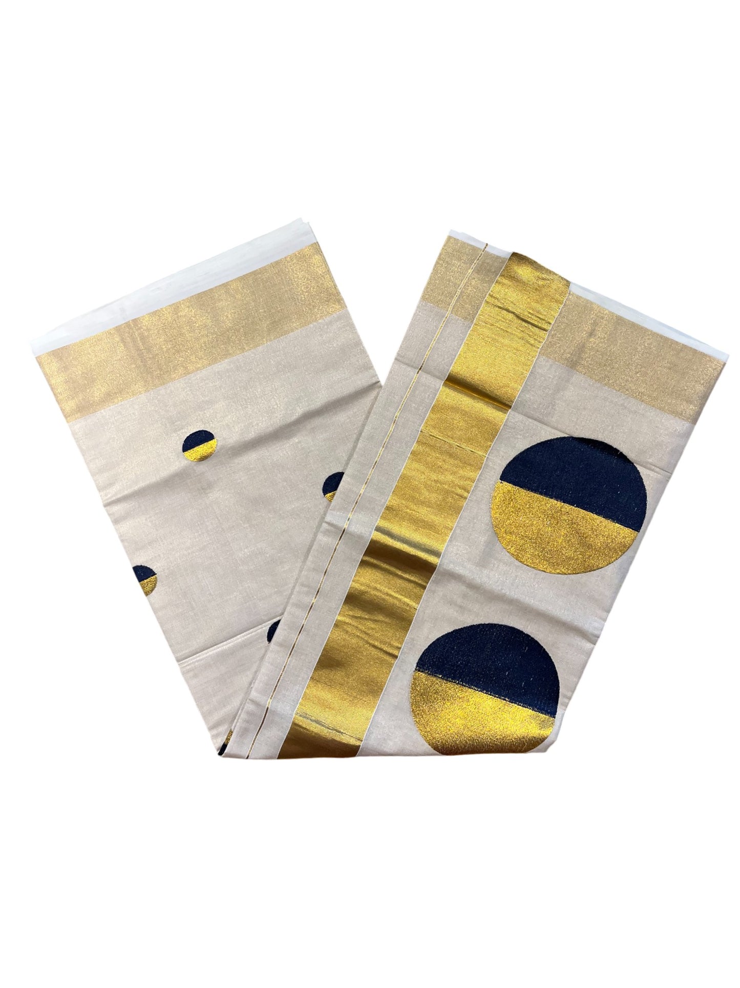 Southloom Kerala Tissue Kasavu Saree With Blue Polka Dots Embroidery on Body