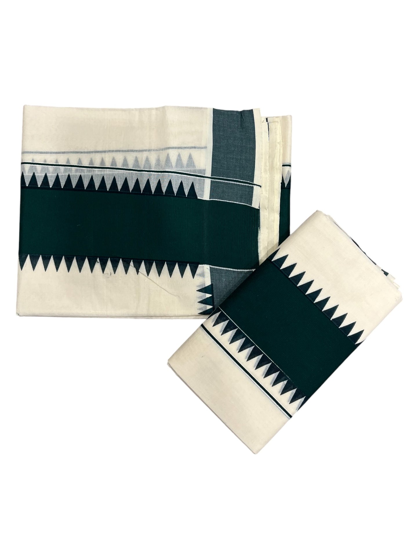 Kerala Pure Cotton Set Mundu Single (Mundum Neriyathum) with GreenTemple Border 2.80 Mtrs