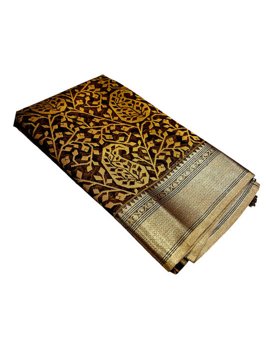 Southloom Cotton Banarasi Silk Saree with Woven Work on Body and Borders(Brown)
