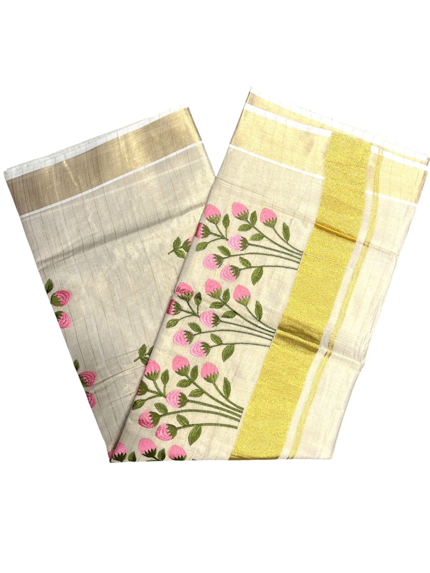 Southloom Tissue Kerala Kasavu Saree with Floral Embroidery Design