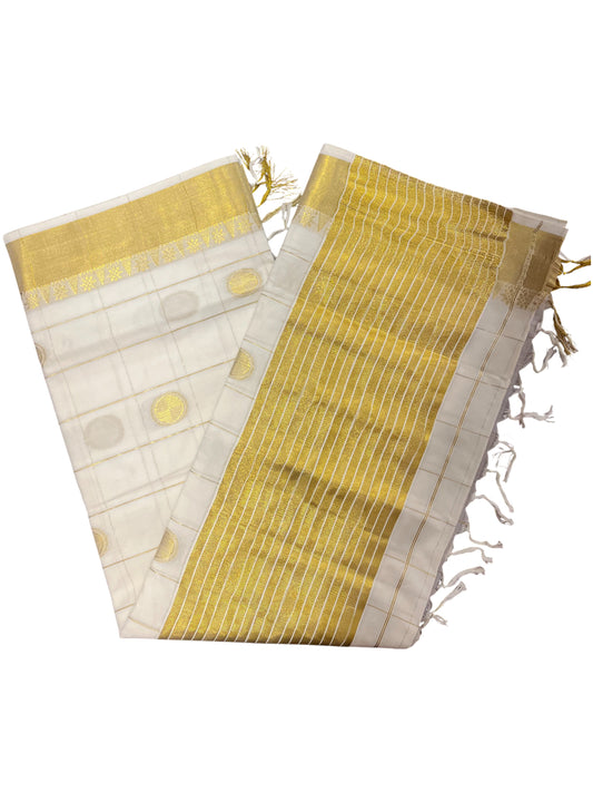 Southloom Cotton Kasavu Check Saree with Gold Polka Dot Prints Across Body