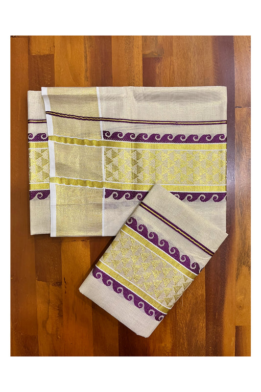 Kerala Tissue Single Set Mundu (Mundum Neriyathum) with Purple and Kasavu Woven Border 2.80 Mtrs (Vishu 2024 Collection)