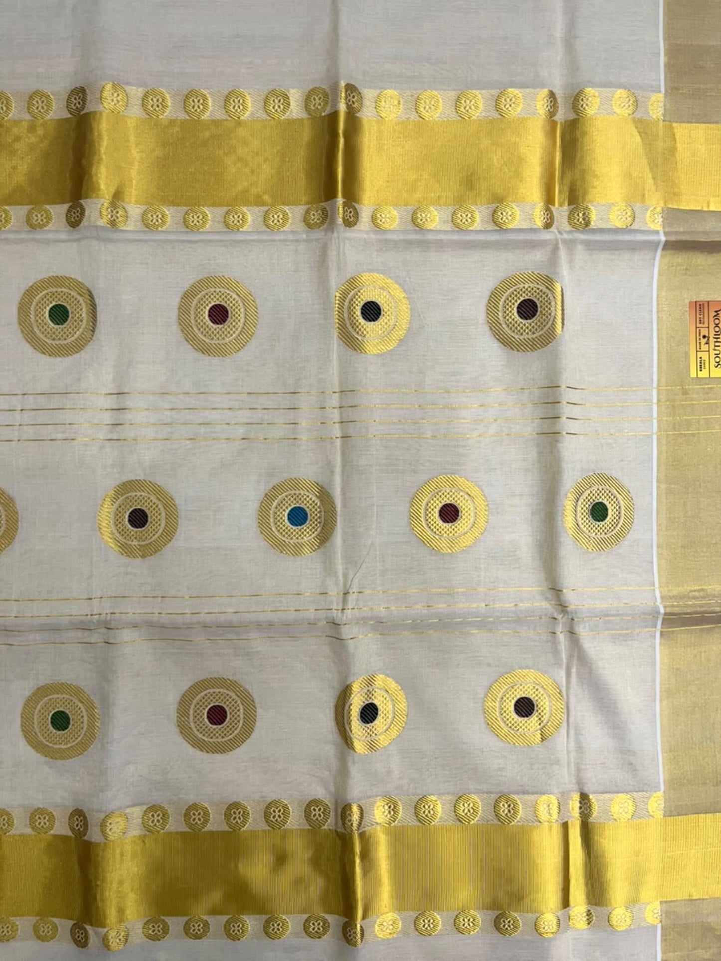 Southloom Super Premium Balaramapuram Handloom Tissue Saree with Butta Design and Gold Kasavu Border