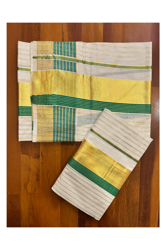 Kerala Cotton Set Mundu Single (Mundum Neriyathum) with Kasavu Lines on Body and Green Border 2.80 Mtrs