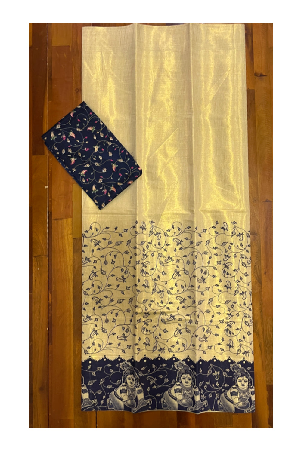 Kerala Tissue Block Printed Pavada and Dark Blue Designer Blouse Material for Kids/Girls 4.3 Meters