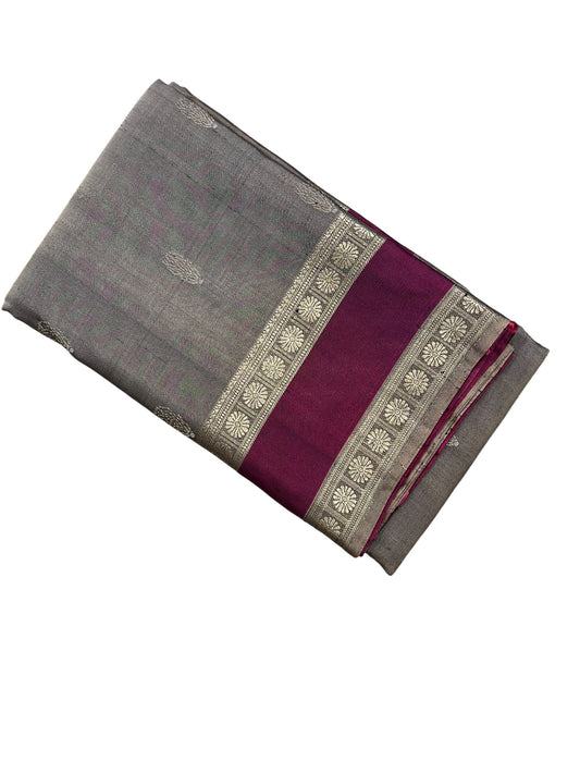 Southloom Pure Handloom Bridal Kanchipuram Silk Saree with Korvai Work(Gray&Magenta)